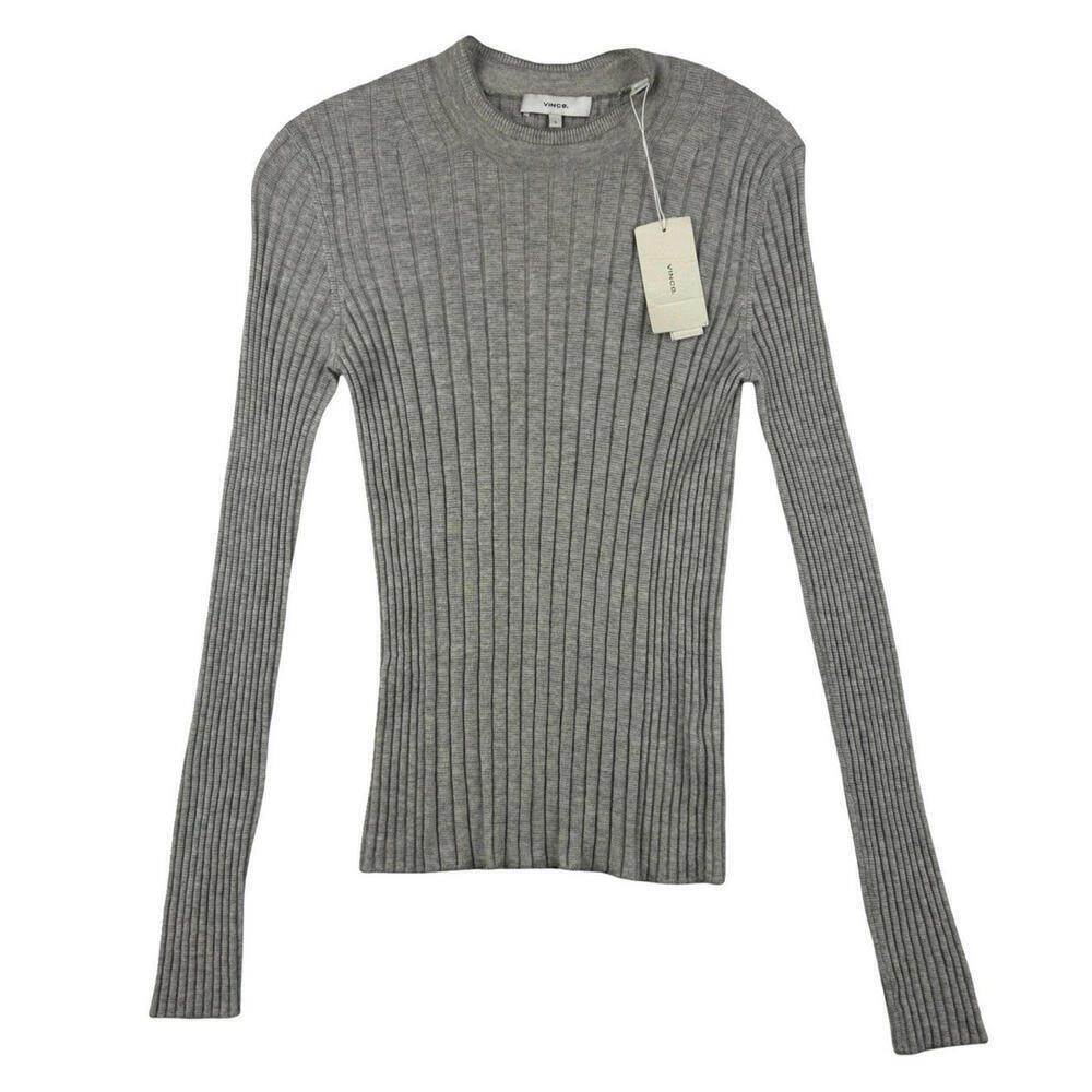 Vince Cashmere Mixed Rib Long Sleeve Skinny Top Sweater Grey Size S